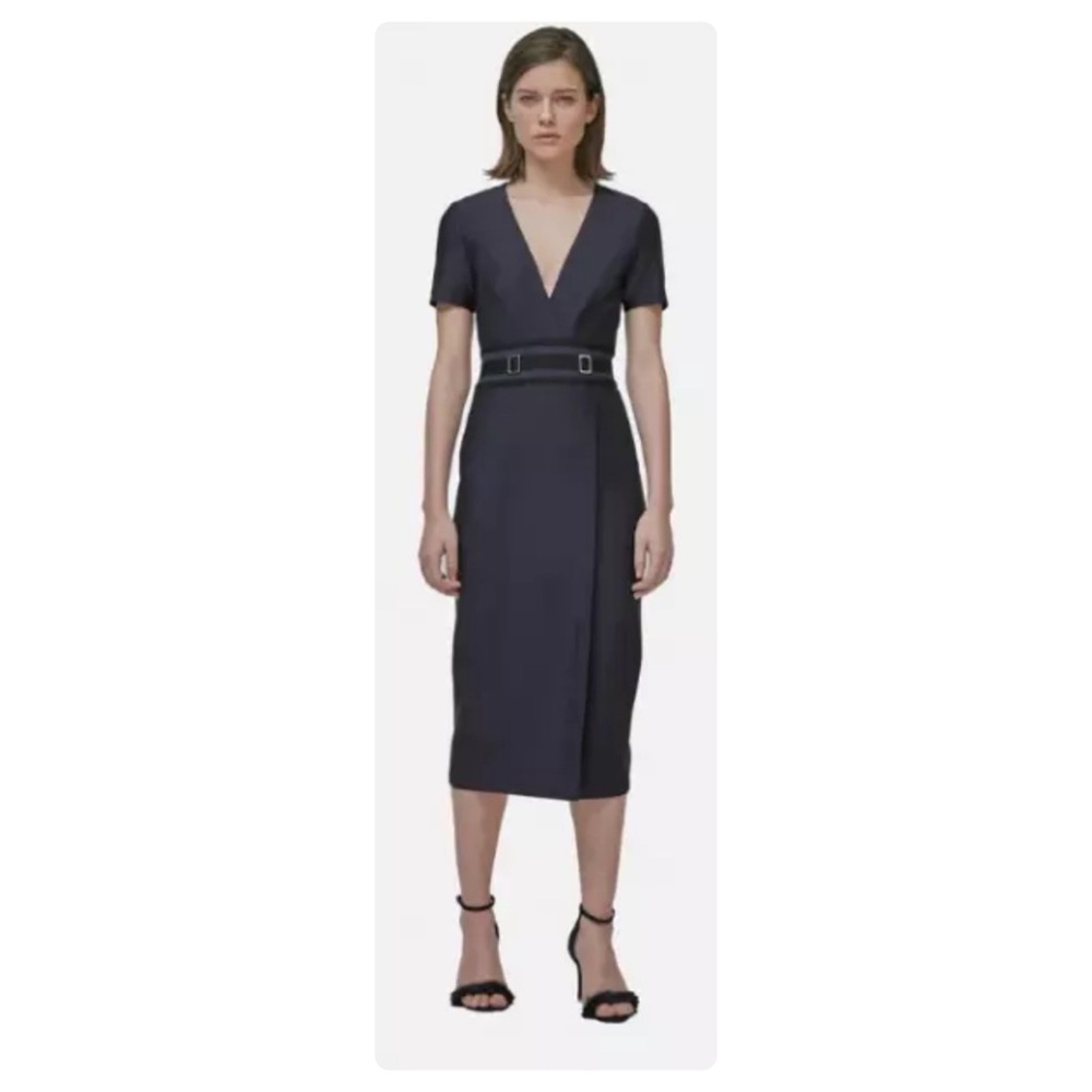 YIGAL AZROUEL Night Navy Blue V Neck Black Grosgrain Waist Sheath Midi Dress 6
